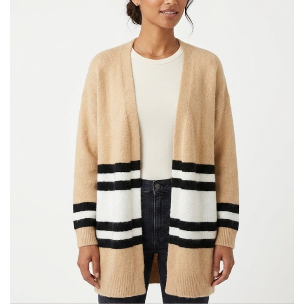 STITCHES & STRIPES Colorblock Cardigan Sweater Stripe Tan Black White Womens L